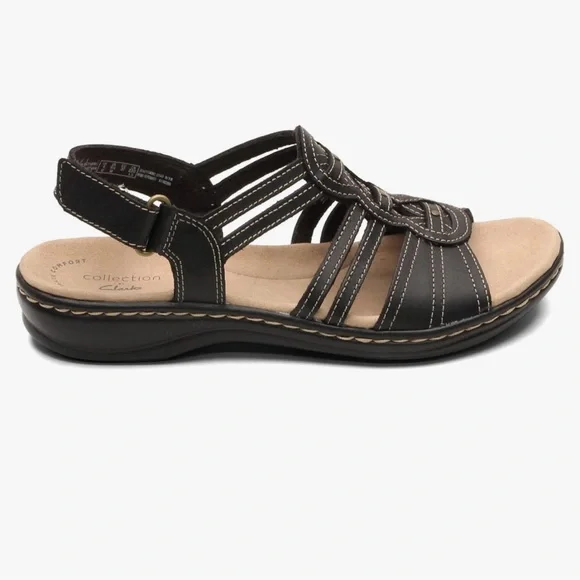 Clarks Leisa Janna Black Sandal, Size 8W Leather Hook‑&‑Loop Strappy Sandals - Picture 8 of 14